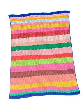 Vintage Hand-Crocheted Yarn Blanket Multicolor Stripes 1970s Design 45" x 64"